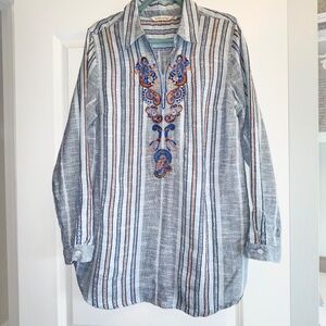 Soft Surroundings ARUBA Boho Tunic Embroidered Tuxtural Blouse sz M Blue